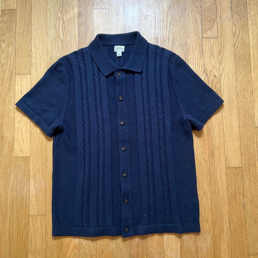 J Crew Navy blue cable knit button-up shirt with vertical ribbed texture